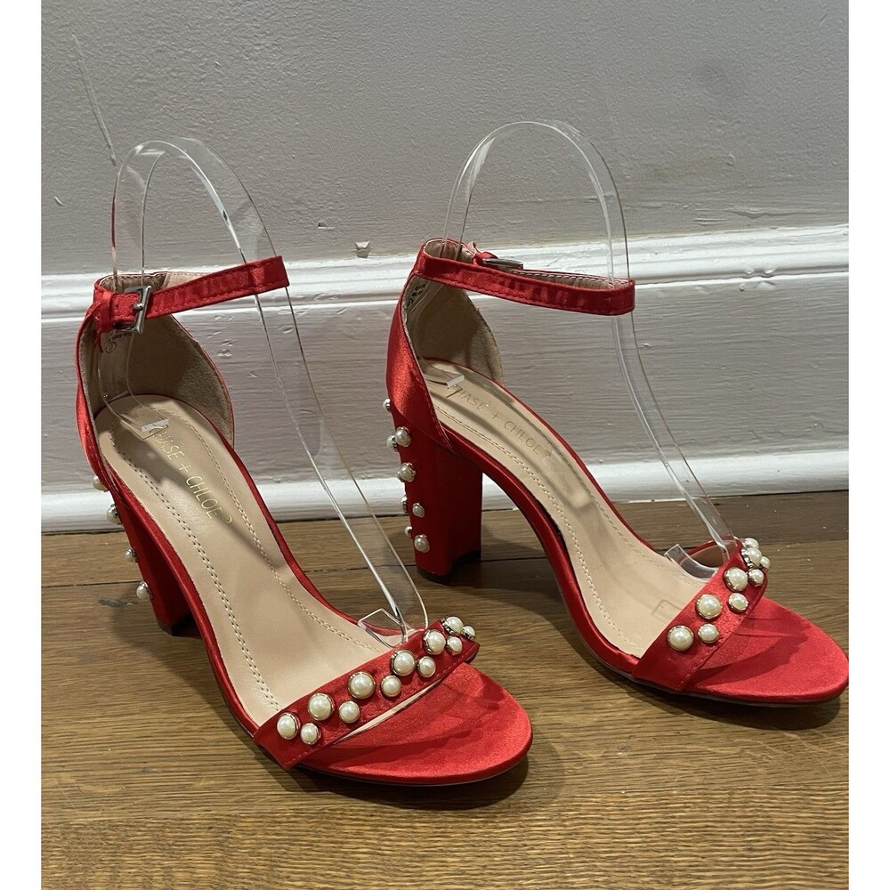 Chase + Chloe Red Satin Accent Pearl Embellishment Block Heels Sandals Size 9